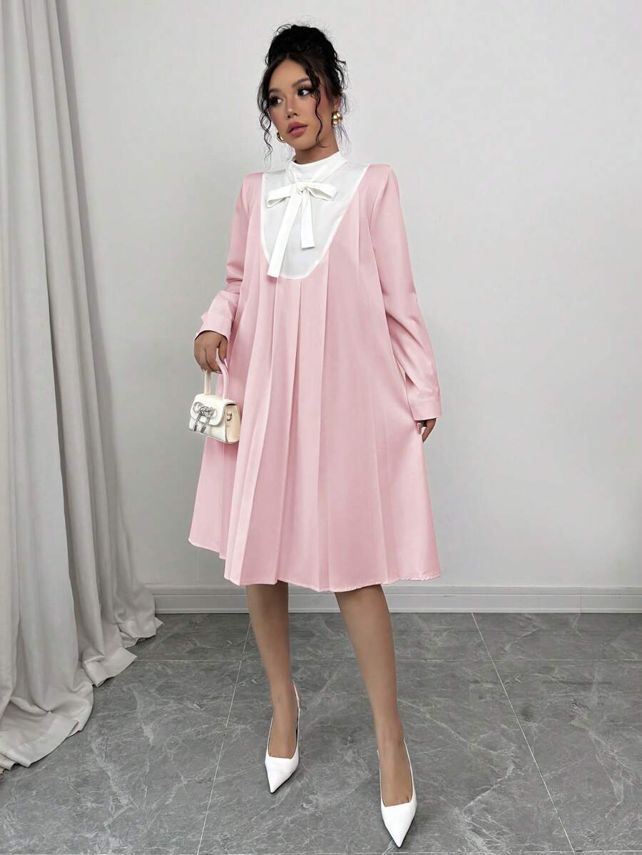SHEIN Clasi 女士纯色拼接系带长袖优雅连衣裙 - 粉色 - 查看 1