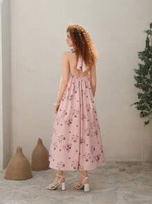 SHEIN MOD Abito da donna con stampa floreale rosa, schiena scoperta e lacci, stile romantico, da vacanza. Abito da donna per primavera ed estate, stile bohémien, da spiaggia, western, vacanza, casual, festa, tea festa, vintage, Pasqua, laurea, ampio, da tea festa - Rosa - Visualizzare 2