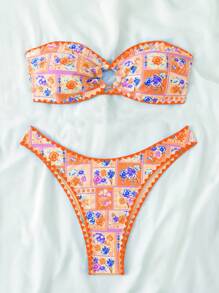 Swim Vcay Springbreak 女款優雅度假休閒派對蝴蝶印花紋理抹胸比基尼 2件式泳衣 夏季款 - 橘色 - 查看 3