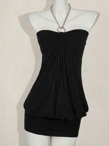 SHEIN ICON 链式领口紧身纯色无袖性感迷你连衣裙，夏季 - 黑色 - 查看 7