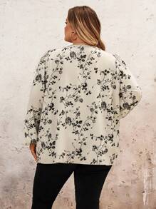 SHEIN CURVE+ Große Größen V-Ausschnitt Langarm Lässig Hemd mit Blumen Allover-Muster - Verschiedenfarbig - Übersicht 2