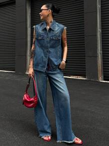 DAZY Women's Sleeveless Denim Jacket & Jeans Matching Set, Spring/Summer - Blue - View 2
