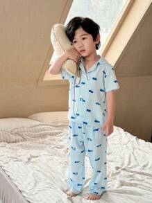 SHEIN Genkimix Kids 2 Stücke/Set Pyjama-Set für Jungen mit Auto-Muster, Hemd aus Webstoff mit Kurzarm und Shorts, lässige Hauskleidung - Blau - Übersicht 5