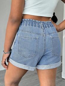 SHEIN Tween Girls' Casual Light Blue Straight Leg Rolled Hem Simple Versatile Washed Denim Shorts