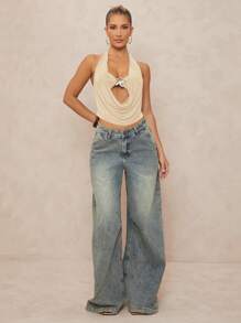 Lumalex 女式深 V 领前部金属花朵装饰无袖紧身上衣