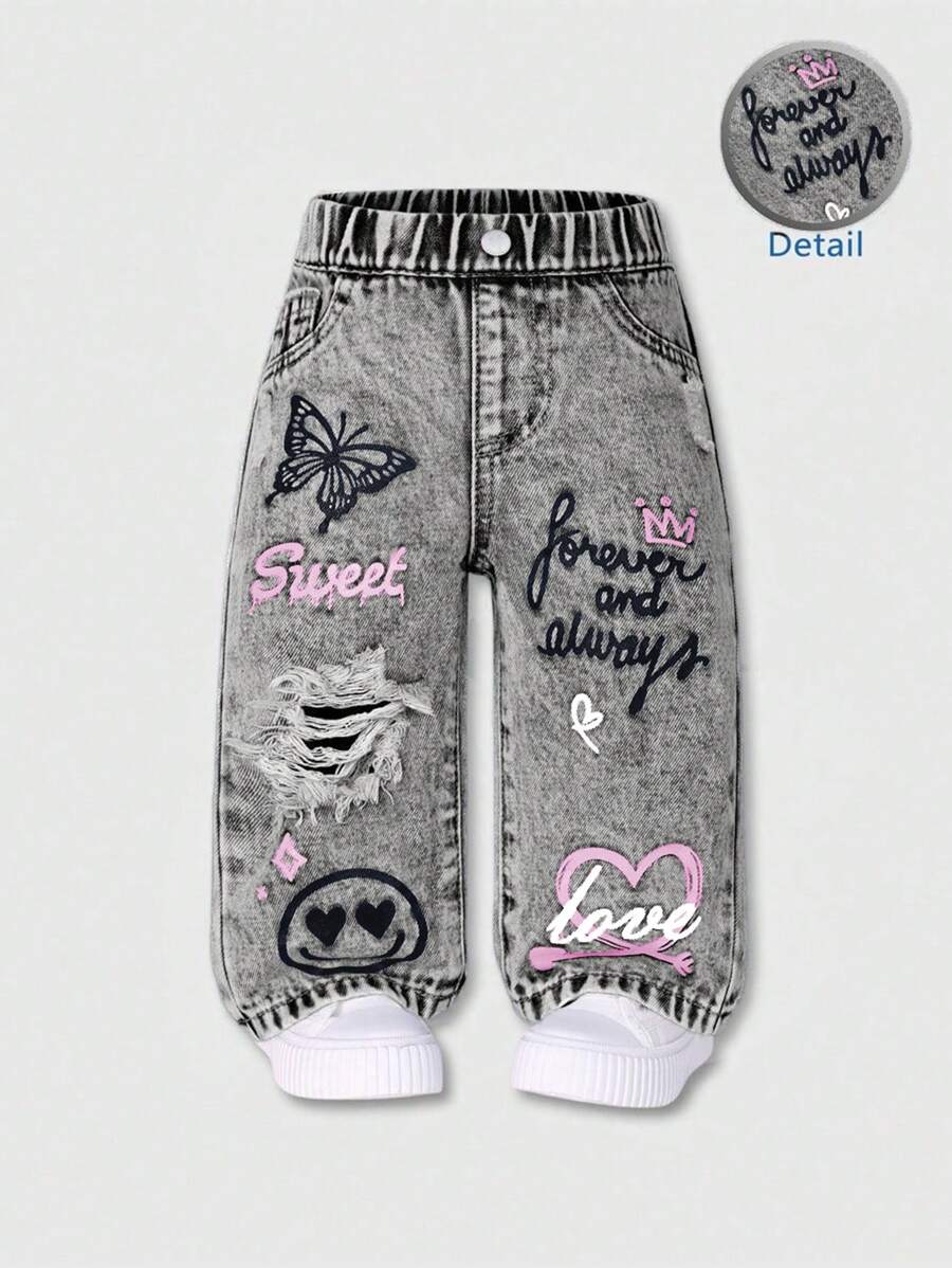 SHEIN Playful Pals 女婴休闲百搭街头风格破洞牛仔裤，可爱印花宽松阔腿裤，2024 年情人节必备单品 - 淺灰色 - 查看 1