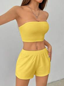 SHEIN PETITE Women's Solid Color Casual Two Pieces Set - Yellow - View 5