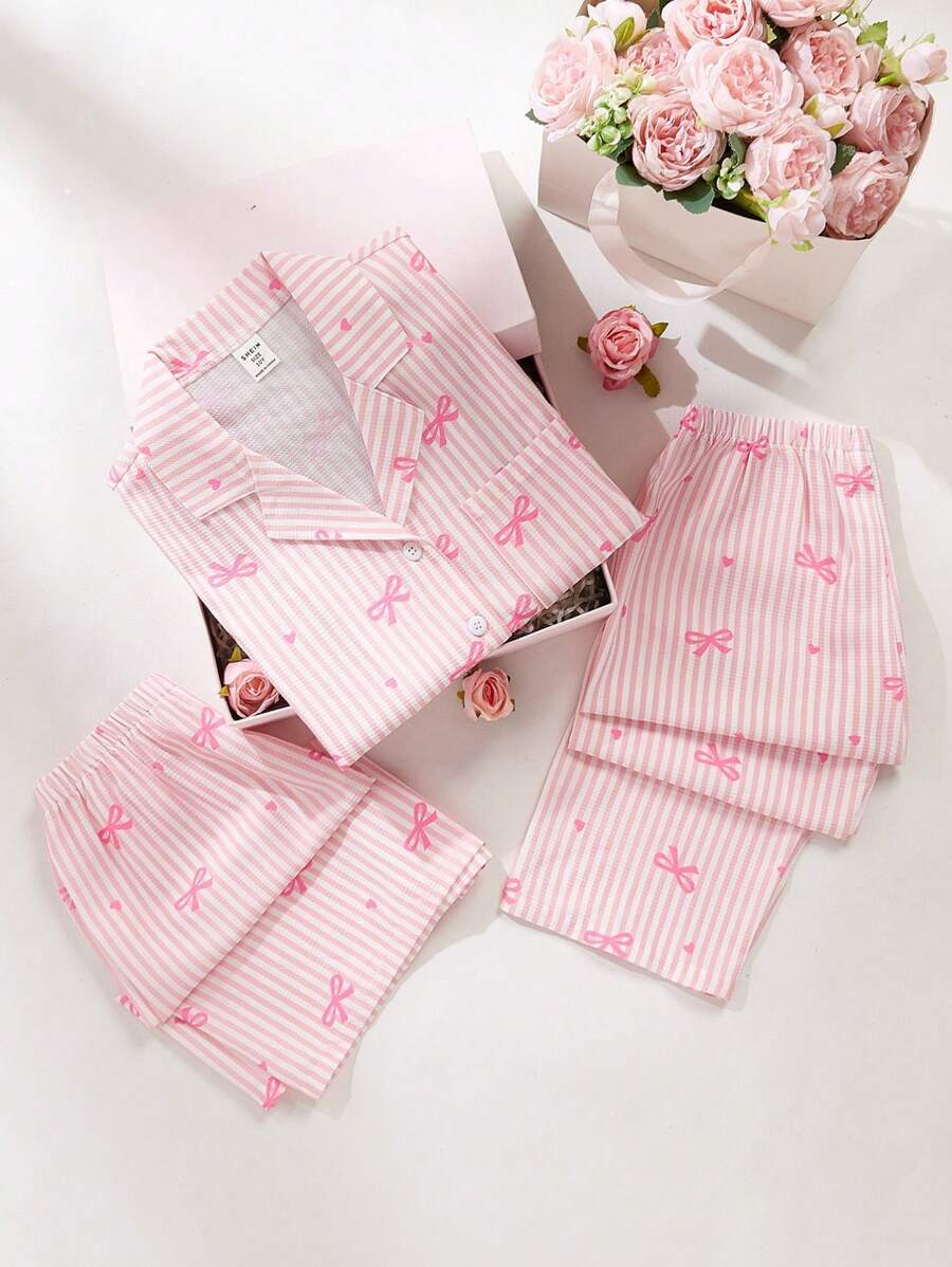 3pcs Tween Girls Cute Bow, Heart And Stripe Print Short Sleeve Cardigan, Long Pants And Shorts Pajama Set - Multicolor - View 1