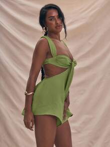 MUSERA Flowy Short Playsuit Draped Front Bust Cups Underwire Detail Cut Out Sides Open Back Vacation Boho Western Spring Summer Vacation Beachwear Elegant Ibiza Holiday Wedding Guest Date Night Sexy Evening Bohemian - Olive Green - View 2