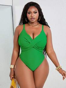 Swim Lushoire 1pc Textured Plus Size One-Piece Swimsuit, Sexy For Vacation For Summer - Green - View 5