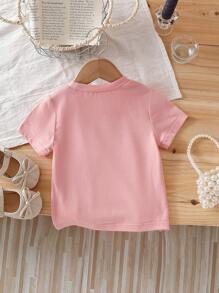 Baby Girls' Casual Cute White Round Neck Knitted Short Sleeve Tops With Bow Decor, Korean Style, Summer - Pink - View 2