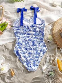 Teen Girls' Allover Print Spaghetti Strap One-Piece Swimsuit, Beach Vacationholiday,Summer,Travel,Getaway - Blue - View 2