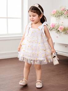 Babygirl Elegant Floral Pattern Mesh Ruffle Strap Summer Dress - White - View 4