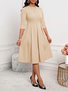 SHEIN Lady 春夏秋冬优雅办公室聚会新年女士连衣裙 - 米色 - 查看 3