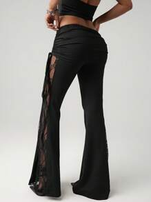 SHEIN ICON Pantalones seductores con cordón en la cintura, volantes y paneles de encaje negro para la playa o resort