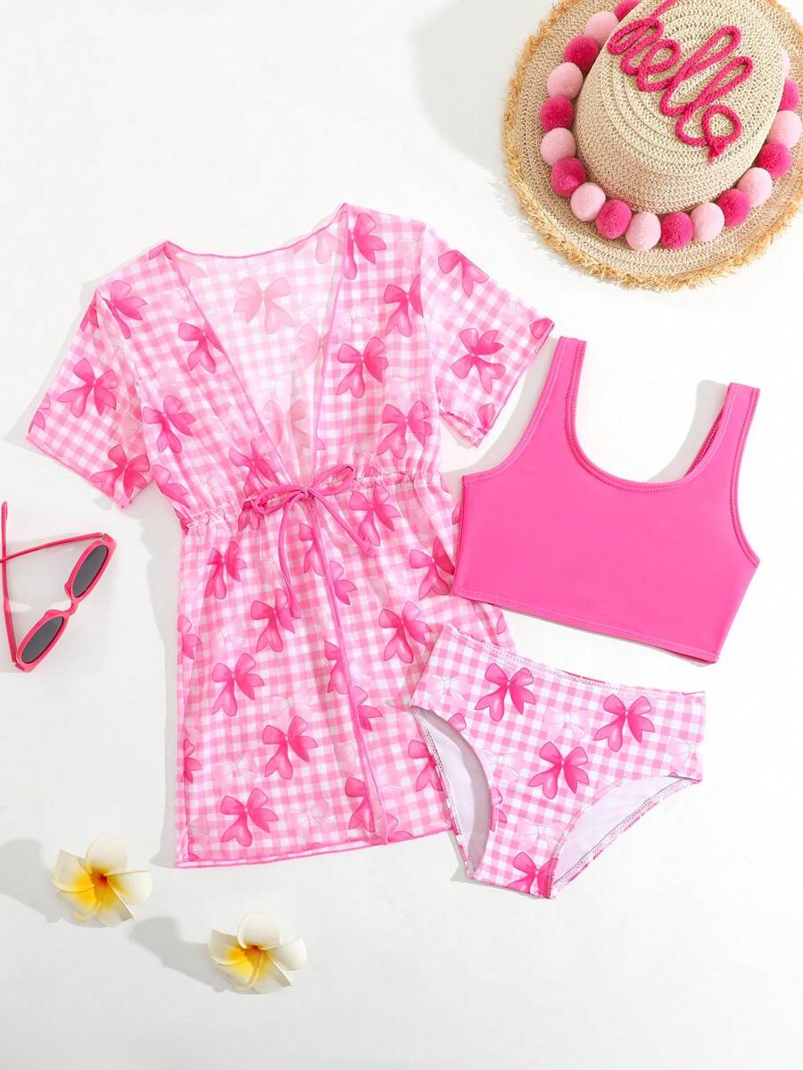 SHEIN 3pcs/Set Young Girls Camisole Bikini Set, Printed - Multicolor - View 1