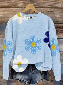 SHEIN LUNE Casual Floral Print Loose Fit Crew Neck Long Sleeve Sweatshirt For Women