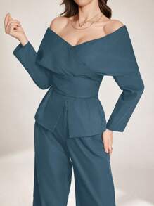 Modelyn 2pcs Women's Elegant Off Shoulder Criss-Cross Strap Modern Korean Style Set, Spring/Summer - Dusty Blue - View 3