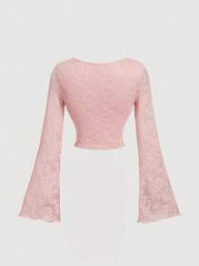 SHEIN MOD Women Light Pink Lace Cup Gather Flared Sleeve T-Shirt,Fall/Winter,Halloween,Homecoming,Going Out,Hippie Women Clothes,Beige Women Long Sleeve Top,Fairy Core,Christmas