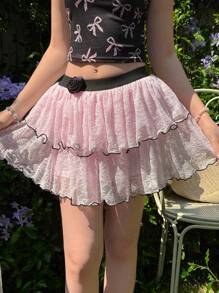 SHEIN Teen Girl Casual Minimalist Comfortable Ruffle Trim Colorblock Floral 3D Decor Lace A-Line Skirt