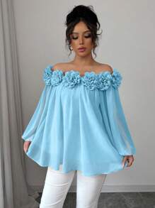 Rafferiza Women's Elegant Off Shoulder Chiffon Blouse, Soft, Smooth Matte Fabric With 3D Floral Design, Versatile For Daily Wear, Dates & Parties, Long Sleeve Top - Blue - View 6