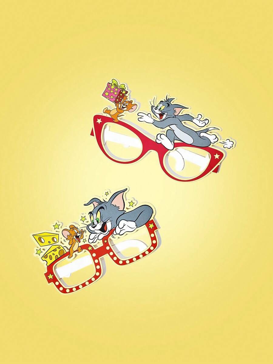 TOM & JERRY X SHEIN Cartoon Cat & Mouse Playtime Pattern Paper Glasses - Red - View 1
