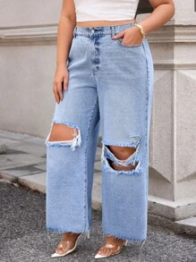 SHEIN Essnce Jeans casuales sueltos color liso con bolsillos y rotos de talla grande - Lavado ligero - Ver 2