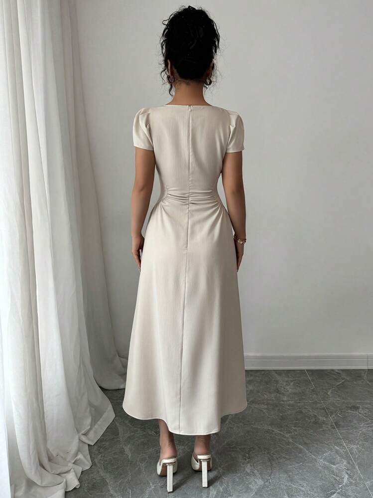 Elenzga Vestido casual de largo medio con cuello de barco, cintura ceñida y mangas abullonadas en unicolor elegante, adecuado para ir al trabajo, vacaciones y tomar el té por la tarde - Albaricoque - Añade 2