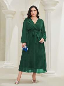 Modelyn 加大花朵贴花腰带褶皱下摆连衣裙超长款女士装长款晚礼服