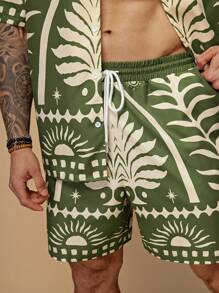 EASEVO Plus Size Men's Loose Printed Woven Shirt & Shorts Set - Army Green - View 4