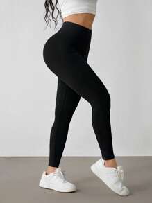 SHEIN PETITE 女士纯色高腰弹力休闲运动裤 - 黑色 - 查看 4