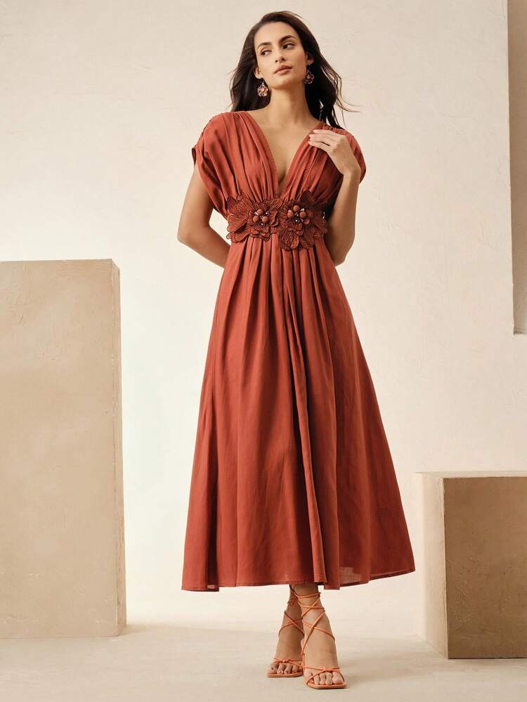 Elegant Waist Floral Decor Cinched Waist Resort Beach Pleated Design Dress, Festival Boho Going Out Vacation Outfits For Women, Spring/Summer Dresses For Women Elegant
