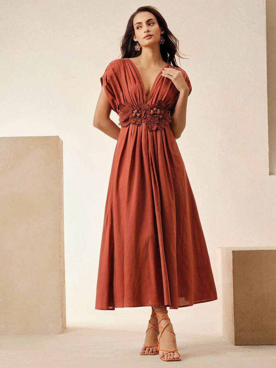 Elegant Waist Floral Decor Cinched Resort Beach Pleated Design Dress, Festival Boho Vacation Outfits For Women, Spring/Summer Dresses