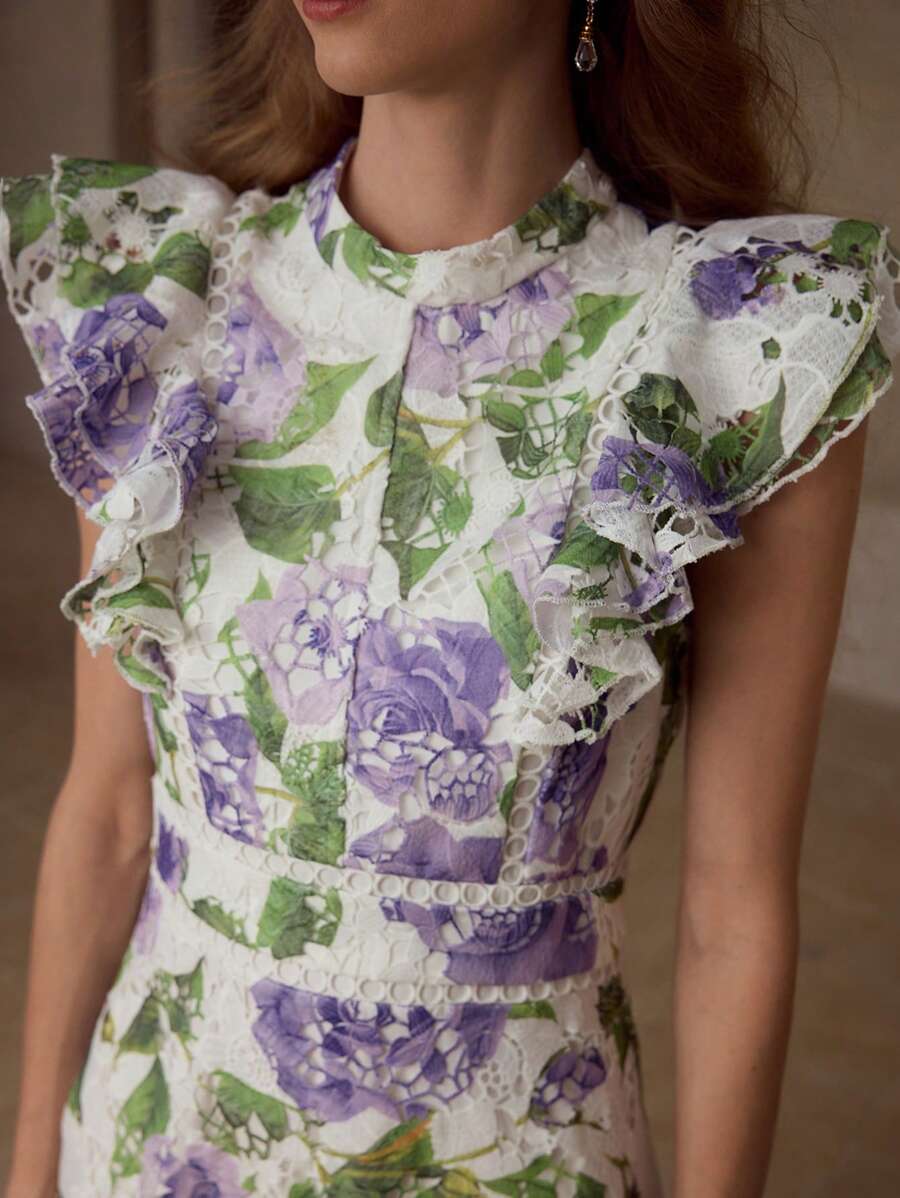 MOTF PREMIUM RUFFLE TRIM FLORAL PRINT DRESS - Purple - View 2