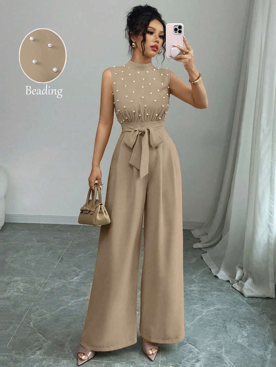 Elenzga Pearl Beaded Sleeveless Cinched Waist Khaki Jumpsuit,Elegant,Summer,Party,Women's Stacked Neck Wide Leg Jumpsuit For Wedding Evening Gowns - Khaki - View 1