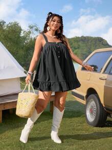 SHEIN LUNE 大码女式纽扣装饰荷叶边下摆牛仔吊带性感连衣裙