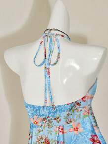 SHEIN ICON 休闲简约花卉全印花度假风格女式背心，适合夏季 - 藍色 - 查看 7