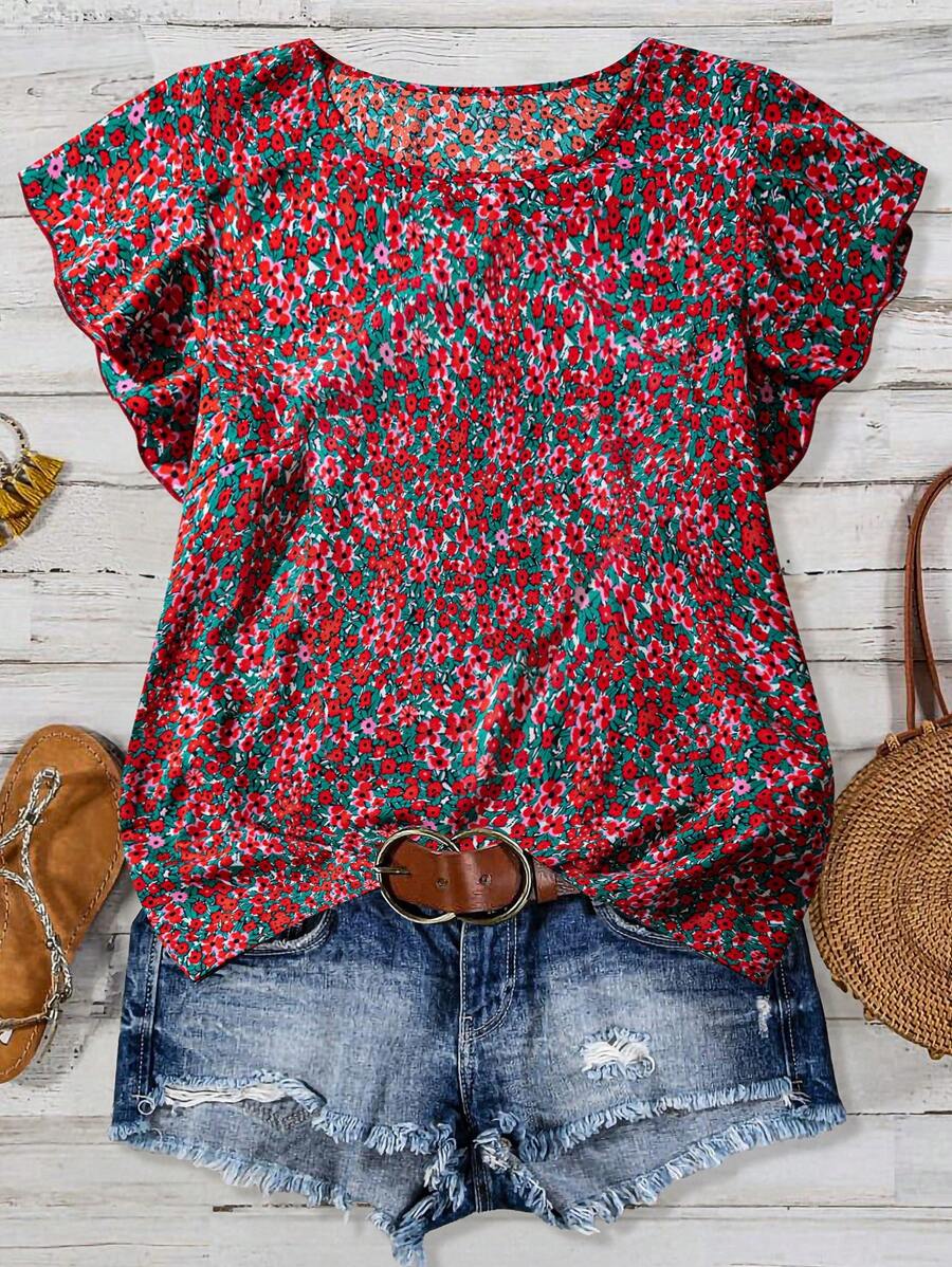 Linhara Plus Size Ditsy Floral Ruffled Trim Vacation Casual Shirt - Red - View 1