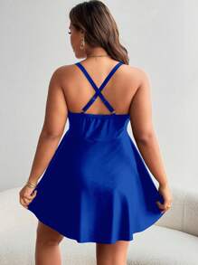 Swim Lushoire Plus Size Women Black Swimwear Dress With Frill Trim Front Tie For Summer Beach Vacation - Royal Blue - View 2
