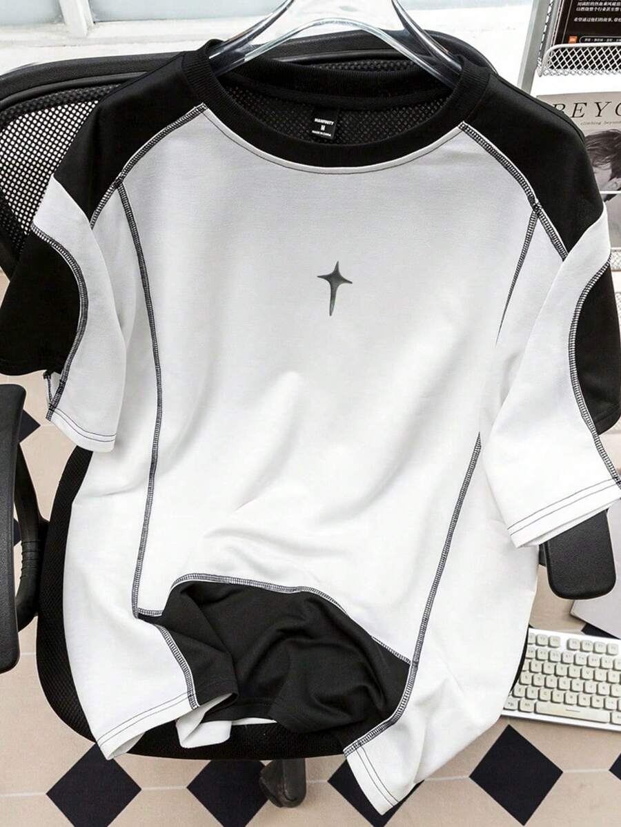 Claim Dot 男士返校休闲拼色图案印花短袖 T 恤，适合夏季外出 - 黑與白 - 查看 1