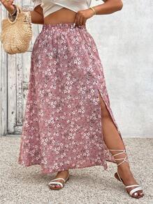 SHEIN VCAY Plus Size Women Vacation Elastic Waist Slit Hem Ditsy Floral Skirt - Multicolor - View 4