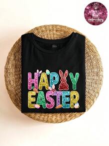 SHEIN LUNE Easter Day Rabbit Pattern Gift For Mom Casual Loose Round Neck Short Sleeve T-Shirt For Women, Suitable For Summer - Black - View 5