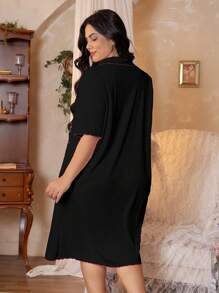 Côtesoire 对比色饰边纽扣休闲居家睡袍 - 黑色 - 查看 2