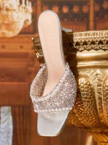 CUCCOO TILAWA Women Silver Square Toe Rhinestone Decor Slingback High Heel Sandals For Christmas