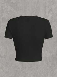 SHEIN Slayr Áo thun nữ cỡ lớn dáng ngắn, cổ tròn, tay ngắn, in họa tiết cử chỉ tay LA, thích hợp cho mùa hè. - màu đen - Xem 3
