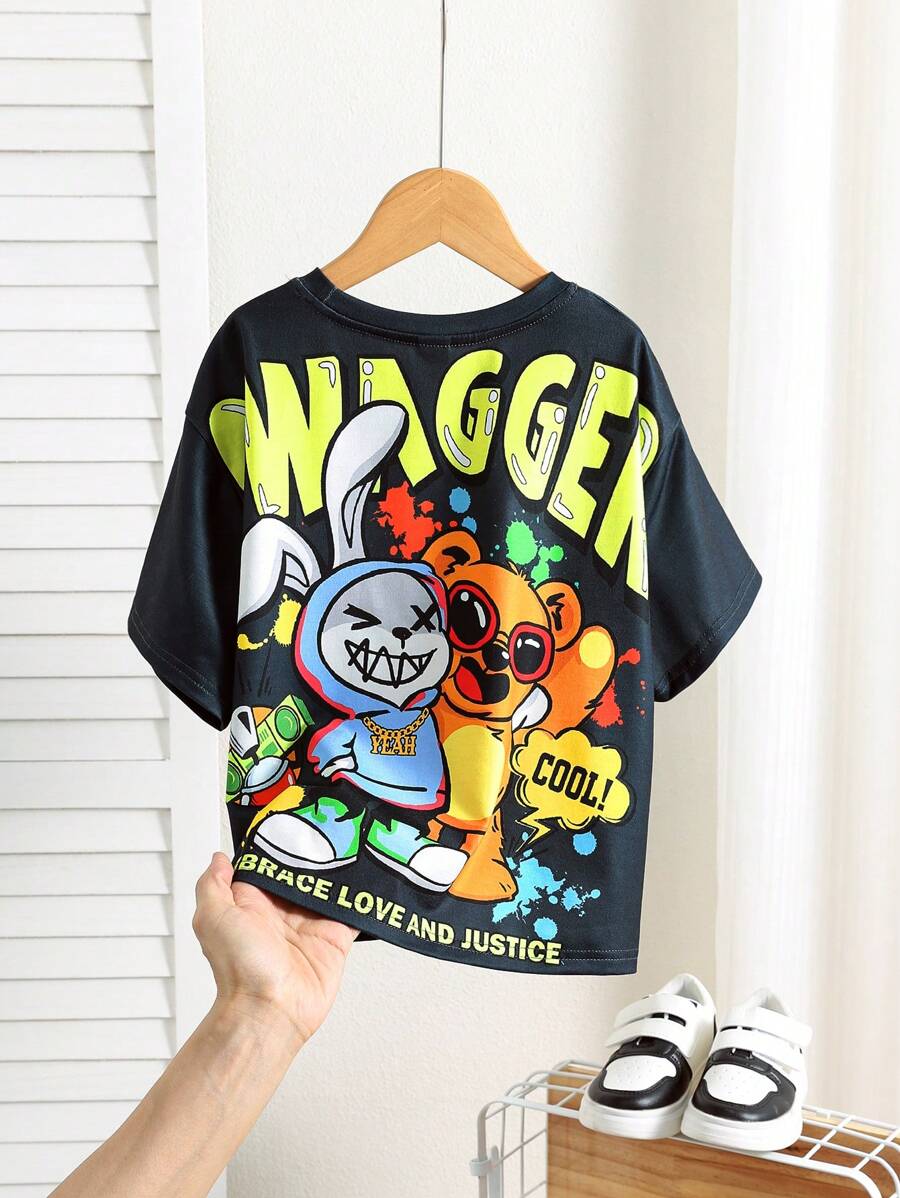 Young Boys Casual Street Fashion Korean Style Cute Rabbit And Letter Print Crew Neck Short Sleeve Knit T-Shirt, Suitable For Commuting, School, Daily Wear, Travel, Sports, And Suitable For Fall, Spring, Summer, Autumn - Black - View 1