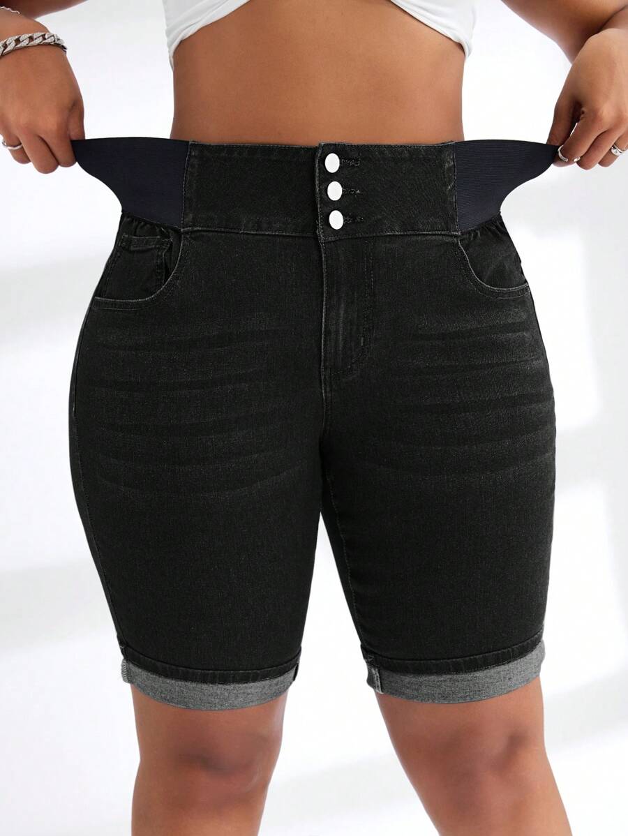 SHEIN SXY 大码女式夏季松紧腰猫须印花紧身牛仔短裤 - 黑色 - 查看 1