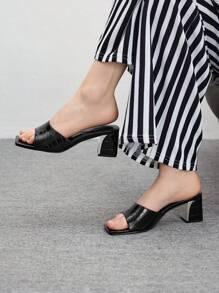 CUCCOO BIZCHIC Women Summer New Stone Texture Embossed Solid Color Square Toe Metal Chunky Heel All-Match Versatile Commuter Black Ladies High Heel Sandals Slippers Office Workwear Fashion - Black - View 1