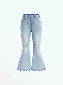 3pcs Girls Washed Multi-Color Fitted Ripped Flared Leg Jeans, Casual & Fashionable For Everyday Wear - Multicolor - View 4