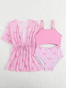 年轻女孩夏季连体泳衣/两件套防晒和服/甜甜圈印花，适合海滩度假 - 藕粉色 - 查看 6